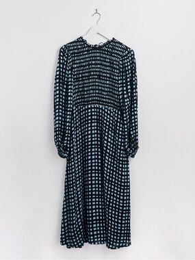 Long-Sleeve Blue Check Midi Dress with Shirred Bodice